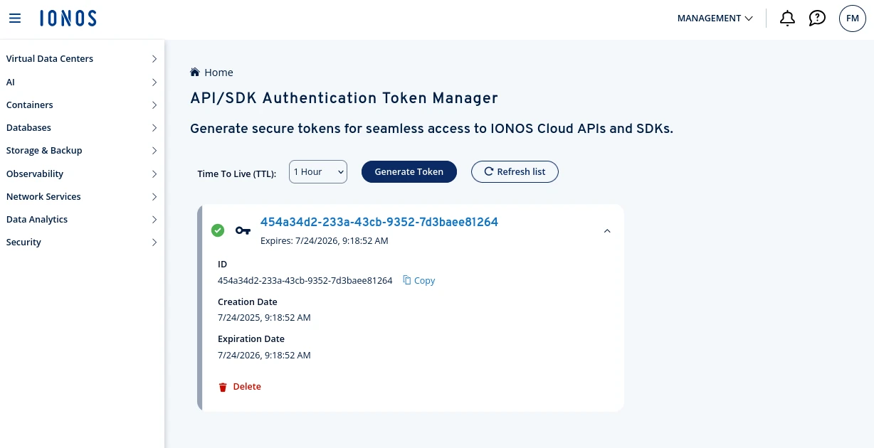 Access token creation screenshot
