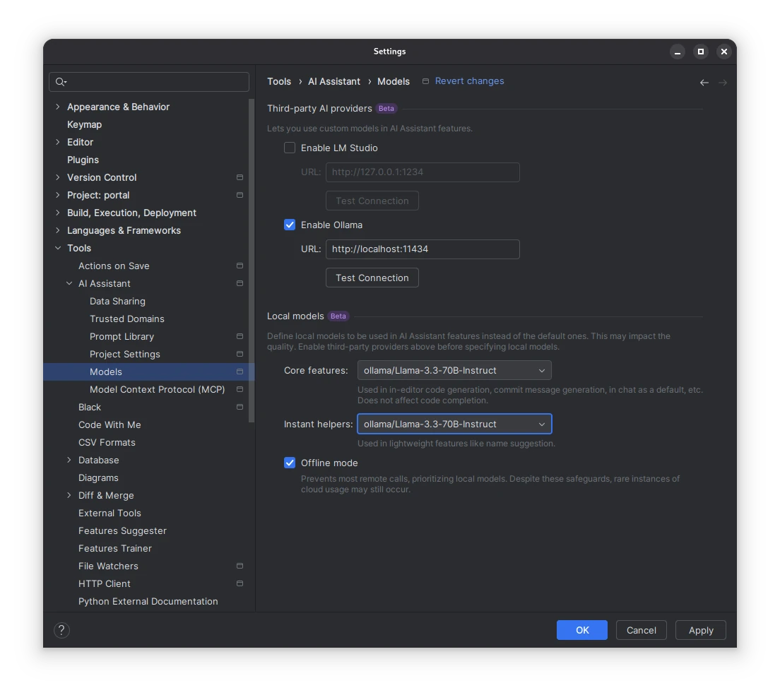 Jetbrains AI asistant setup settings